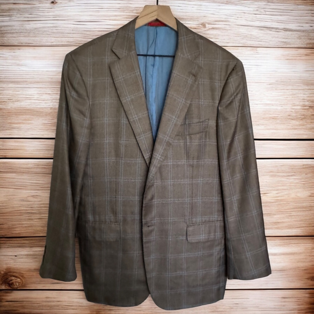 Isaia Sand & Sky Blue CASHSILK Sport Coat Blue Windowpane - 52 (42US) 8R -Italy